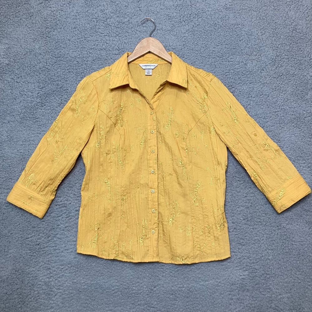 Crinkle Button Down Shirt Women M P Mustard Yellow Artsy Boho Floral Embroidery